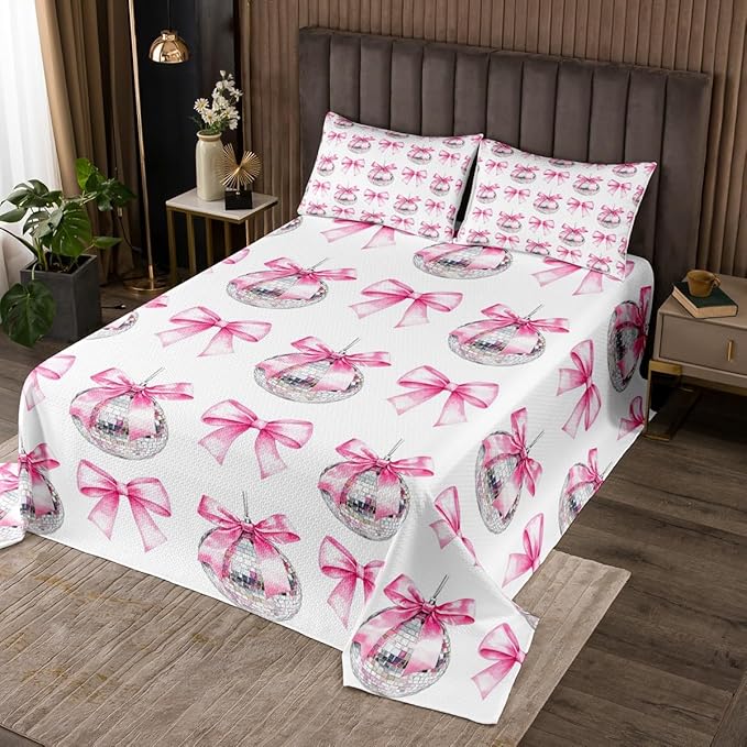 Cartoon Bowknot Kid Bedspread Queen Size,Bow Tie Butterfly Knot Princess Coverlet Set,Girls Women Room Decor,Western Cowgirl Disco Ball Retro Quilted Coverlet,Pink White Bedding Quilt,2 Pillowcases