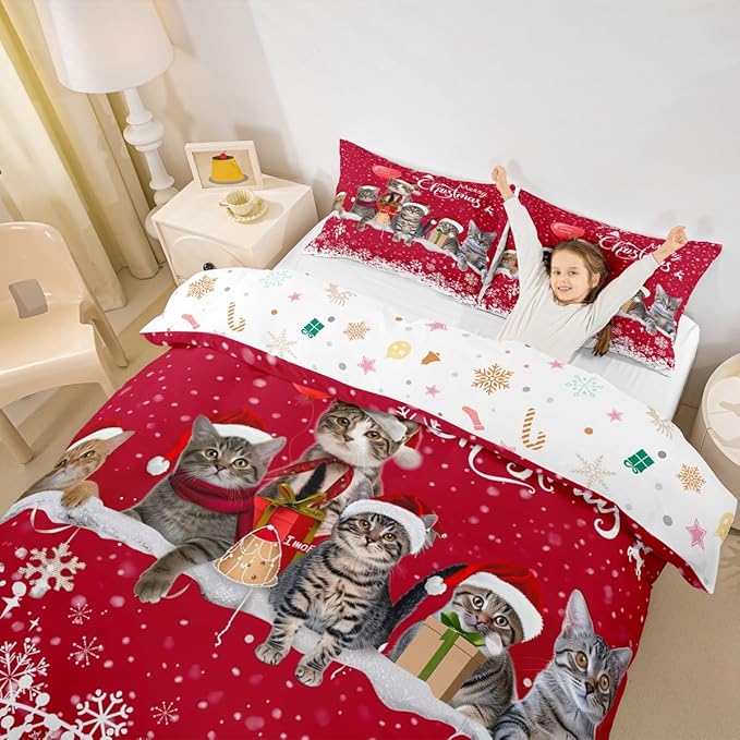 Merry Christmas Cat Bedding Set Xmas Snowflake Pet Cats Duvet Cover For Kids Children Teens Cute Kitten Comforter Cover 3D Animal Red White Bedspread Cover Bedroom Decor Quilt Cover 3Pcs King Size