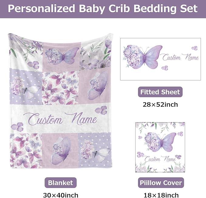 Personalized Baby Crib Bedding Set,3 Piece Custom Name Nursery Set with Blanket, Fitted Sheet & Pillowcase for Baby Girls & Boys, Purple Butterfly Theme(Fixed Size)