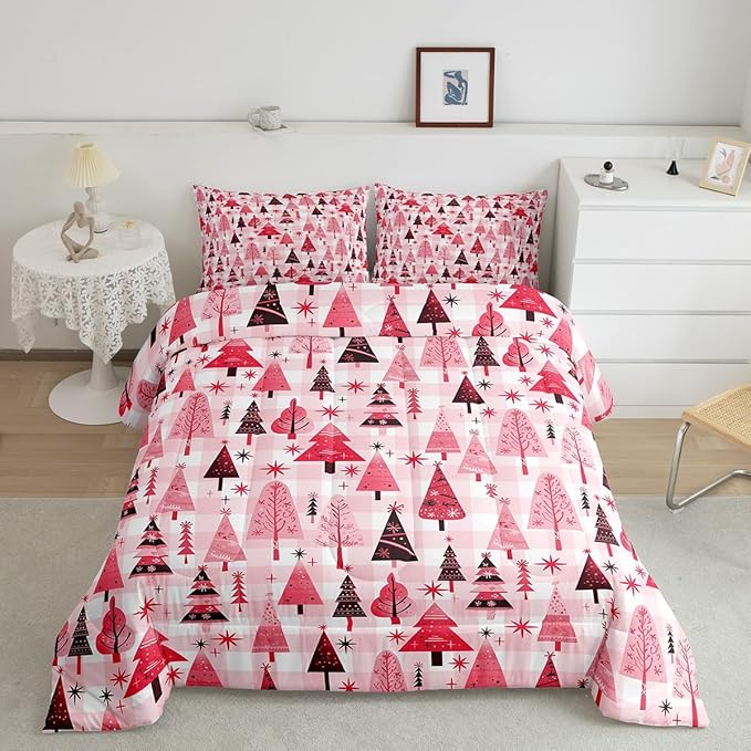 Manfei Cartoon Tree Comforter Set King Size, Christmas Theme Bedding Set 3pcs for Kids Girls Adults Bedroom Decor, New Year Pink Plaid Down Comforter Soft Polyester Quilt Set with 2 Pillowcases