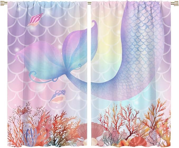 Dream Mermaid Curtains Colorful Mermaid Fish Tail Scale Fantasy Ocean Theme Beautiful Kids Window Treatment for Girls Bedroom Nursery Room Decor Rod Pocket Window Drapes 72x63in