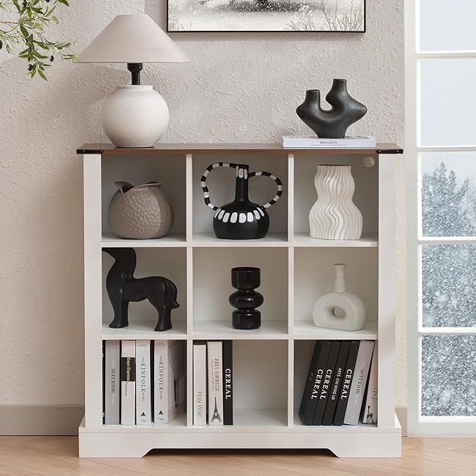 9 Cube Storage Organizer, Wood Cube Bookshelf with LED Lights, Horizontal Storage Cubes, Kids Bookshelf, Display Cabinet Cubby Shelf for Living Room Home Office Bedroom, White