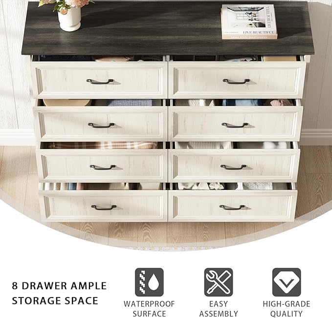 CARPETNAL Farmhouse Dresser and Nightstand Sets for Bedroom, 3 Pcs Bedroom Set, 8 Drawer Dresser & Nightstand Set of 2, Modern Wood Chest of Drawers for Bedroom, Living Room, Entryway, White