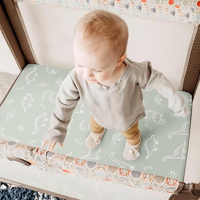 GRSSDER Pack n Play Sheets Fitted 3 Pack, Stretchy Ultra Soft Jersey Knit Pack and Play Sheets, Universal Fitted Portable/Mini Crib Mattresses Snug and Safe, Cute Dinosaurs for Boy and Girl