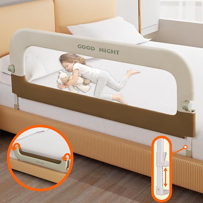 Bed Guard Rail for Toddlers - 59" Adjustable Heights & Folding up Portable Bed Railing for Baby - Toddler Bed Rails Guard for Crib, Twin, Bunk,Full Size, Queen & King Bed