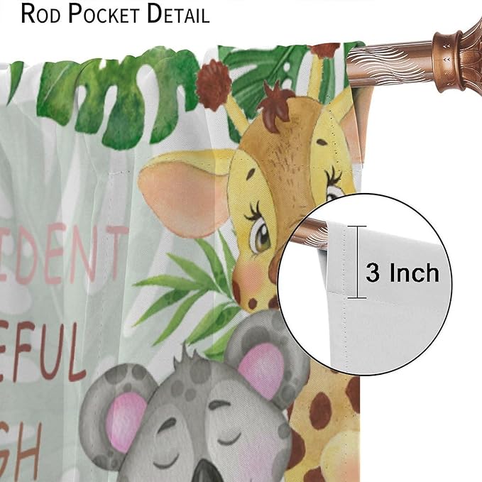 Cartoon Safari Animal Curtains Cute Watercolor Wildlife Jungle Window Treatments for Kids Boys Girls Bedroom Living Room Inspirational Motivational Quotes Nursery Children Drapes W42xL63