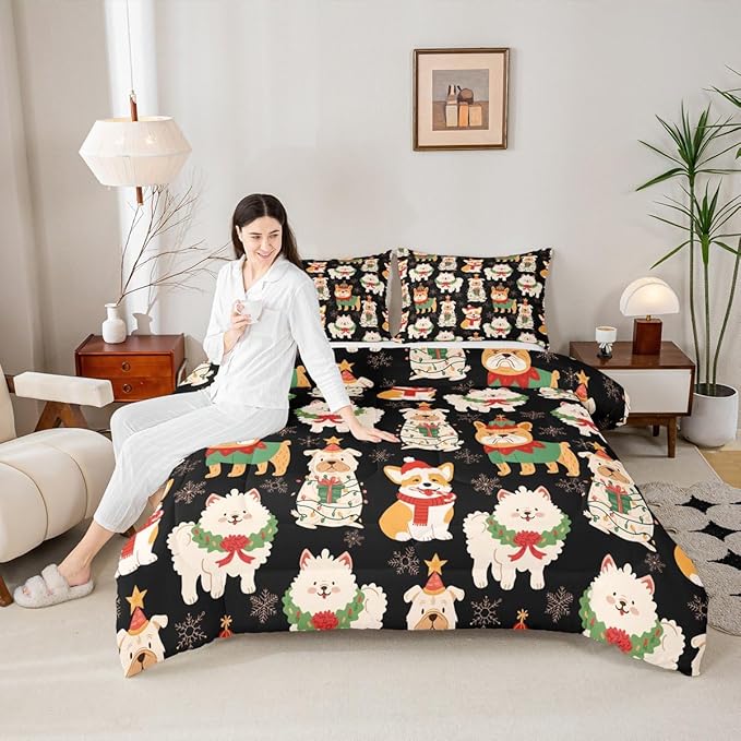 Castle Fairy Cute Puppy Dog Animal Twin Size Comforter Set,Christmas Pets Quilt Set Soft Bed Collection,Merry Christmas Theme Bedding Comforter for Boys Girls Room Decor,2 Pcs