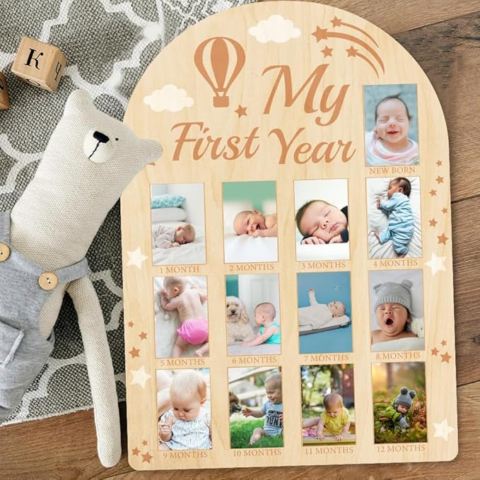 ORIGACH My First Year Baby Growth Photo Display Wood Board - 12 Months Newborn Milestones Picture Frame - Neutral Baby Keepsake Board 1st Birthday Party Nursery Decor New Mom Gift - Hot Air Balloon