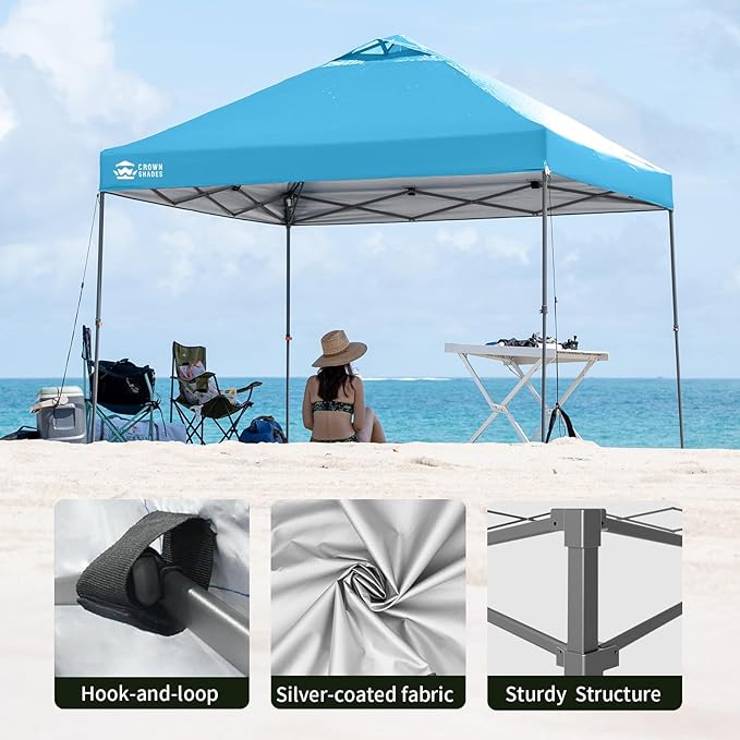 CROWN SHADES Adjustable Height on The Fly, 10x10 Pop Up Canopy - Beach Tent with One Push Setup - Easy Outdoor Sun Shade for Events, Parties, Camping - Outside Shade with STO-N-Go Bag, Sky Blue
