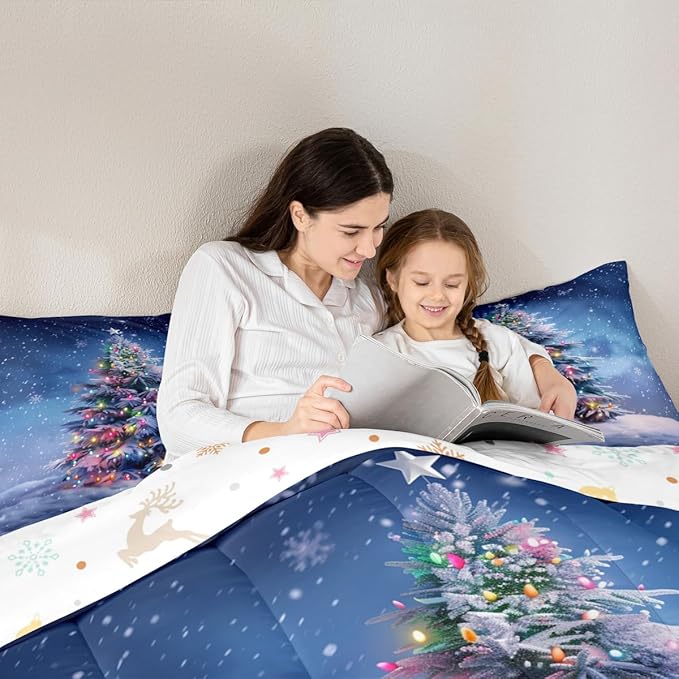 Feelyou Christmas Comforter Set All Season Xmas Tree Bedding Set with 2 Pillow Cases Colored Light Strips Microfiber Kids Full Bedclothes Snowflake Bedroom Decor Duvet Quilt Breathable Soft