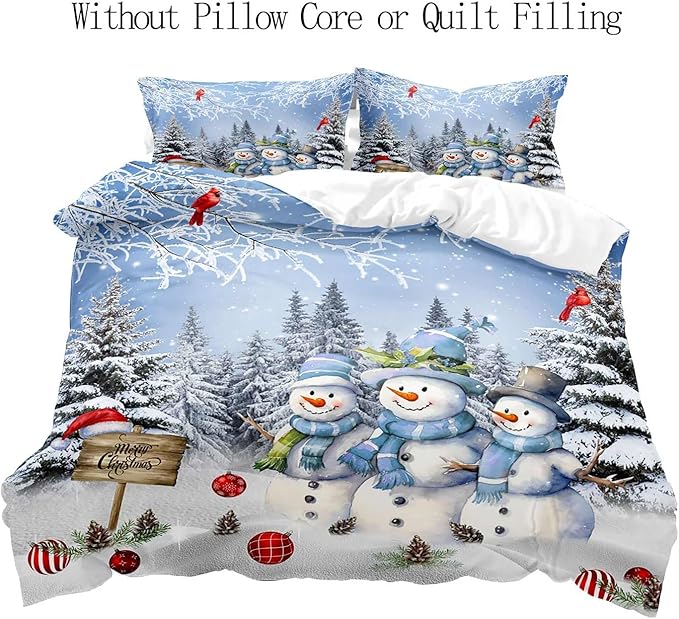 LUVIVIHOME 3PCS Snowman Duvet Cover King Bedding Set, Boys Girls Kids Bedding, Red Cardinal Bird Santa Hat Xmas Balls Christmas Tree Winter Holiday Light Blue Christmas Comforter Cover, 2 Pillow Cases