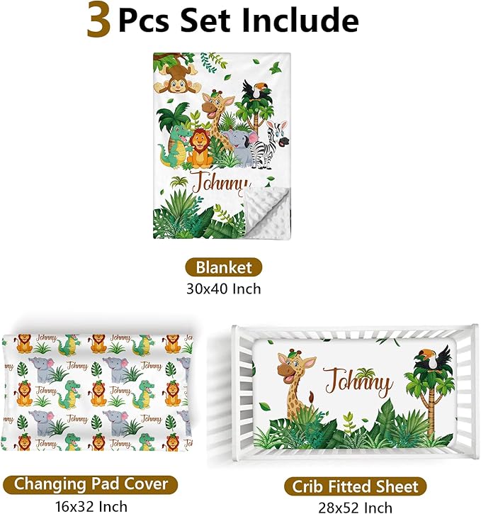 Custom Name Crib Bedding Set, 3 Pcs Personalized Baby Crib Bedding Set, Soft Forest Animals Nursery Crib Sets for Boys Girls, Double Layer Toddler Bedding Set Customized Gifts for Newborn Kids