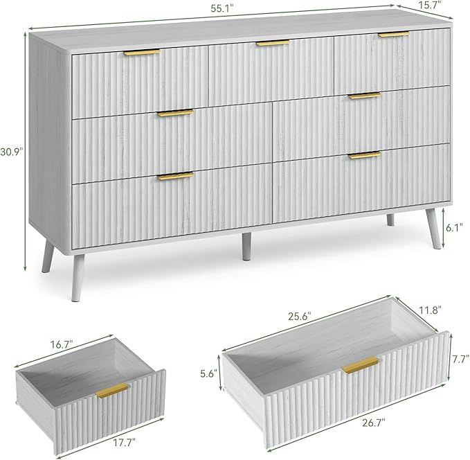 LYNSOM Fluted Dresser and Nightstand Sets 2 Piece, 2-Drawer Nightstands and 7-Drawers Dresser, Wood Bedroom Furniture Set for Home, Bedroom, Hallway, White