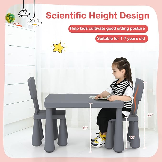 HONEY JOY Kids Table and Chair Set, Plastic Children Activity Table and 2 Chairs for Art Craft, Easy-Clean Tabletop, 3-Piece Toddler Furniture Set for Daycare Playroom, Gift for Boys Girls (Grey)