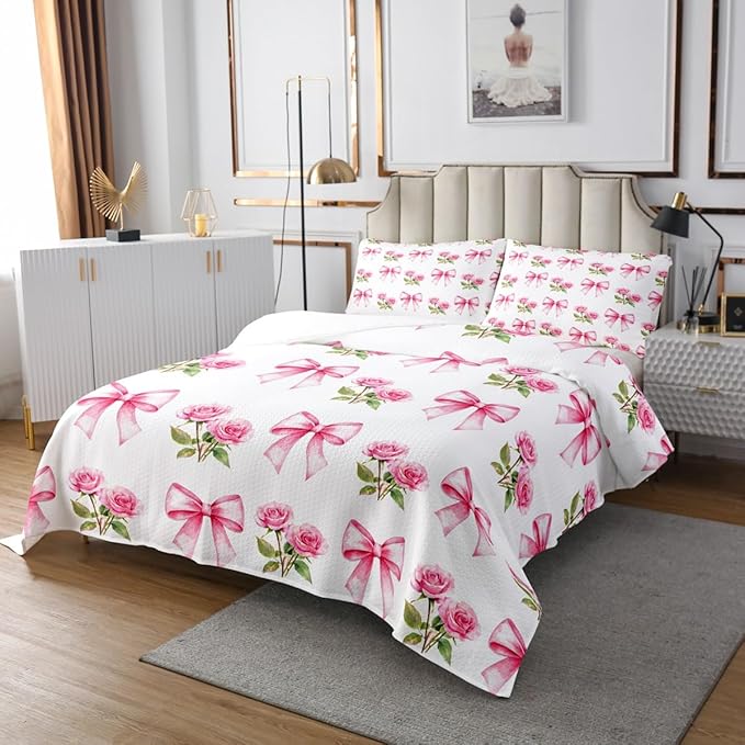 Pink Bowknot Kids Bedspread Twin Size,Rose Flowers Valentine's Day Romantic Coverlet Set,Girls Women Room Decor,Pink Bow Tie Knot Princess Quilted Coverlet,Dreamy Bedding Quilt,1 Pillowcase