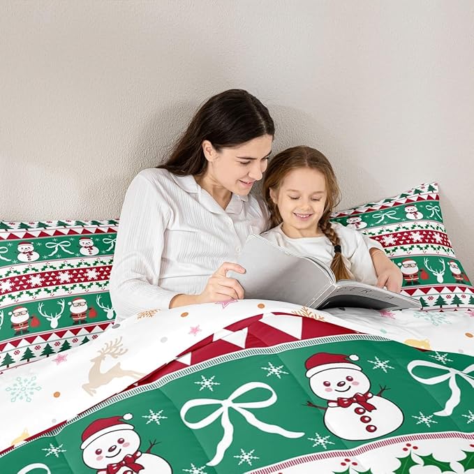 Feelyou Merry Christmas Tree Comforter Set Full Size Cute Snowman Bedding Set for Kids Boys Girls Santa Claus Duvet Quilt Cartoon Bowknot Bedroom Decor Microfiber 3 Pcs with 2 Pillow Cases