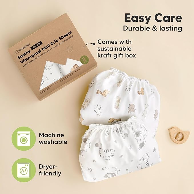 2-Pack Pack and Play Sheets, Waterproof Mini Crib Sheets Fitted - Organic Cotton Pack N Play Sheets for Graco Pack and Play Mattress, Playard Baby Crib Sheets, Neutral for Boy,Girl,Toddler(KeaSafari)