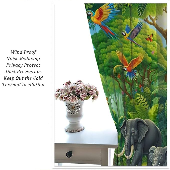 Animals Window Curtain Cartoon Jungle Forest Elephant Lion Print Curtains for Kids Boys Girls Nursery Baby Bedroom Playroom Home Decor Window Drapes 42" W X 54" L