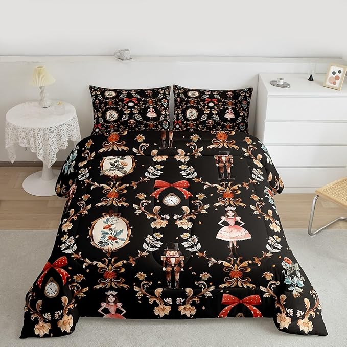 Feelyou Christmas Kids Comforter Set Full Size Nutcracker Bedding Set Soldier Royal Guarder Princess Duvet Quilt for Kids Boys Girls Bedroom Flower Bow Decor Microfiber Ultra Soft Breathable