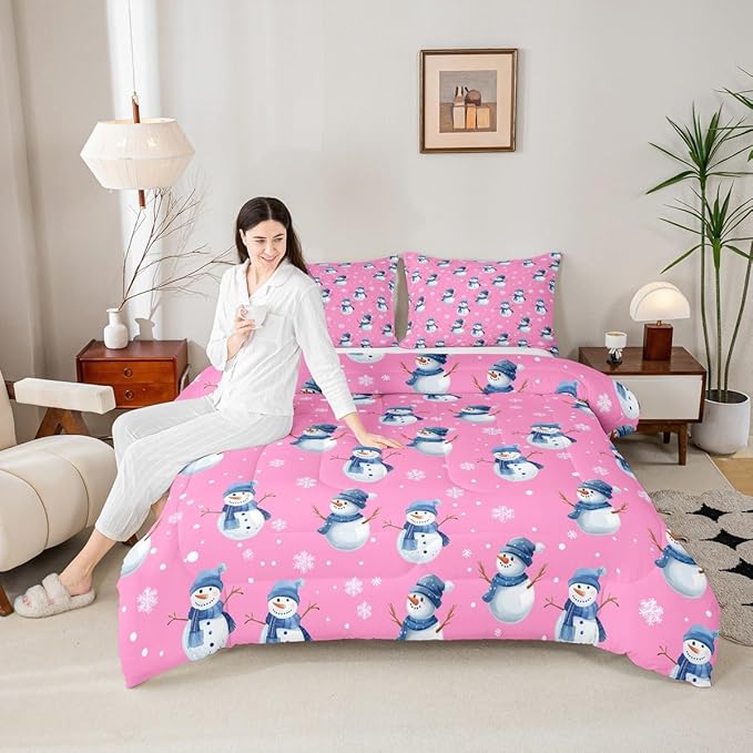 jejeloiu Kids Cute Winter Snowman Comforter Set Twin Size Pink Christmas Theme Bedding Set for Boys Girls Teens Xmas Snowflake Happy New Year Duvet Quilt Room Decor