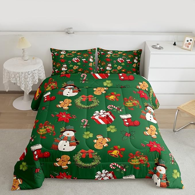 jejeloiu Merry Christmas Comforter Set Queen Size Cute Snowman Bedding Set for Kids Boys Girls Gingerbread Man Duvet Quilt Green Bedroom Decor
