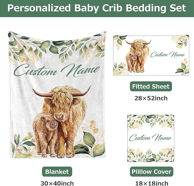 Personalized Baby Crib Bedding Set,3 Piece Custom Name Nursery Set with Blanket, Fitted Sheet & Pillowcase for Baby Girls & Boys, Highland Cow Theme(Fixed Size)