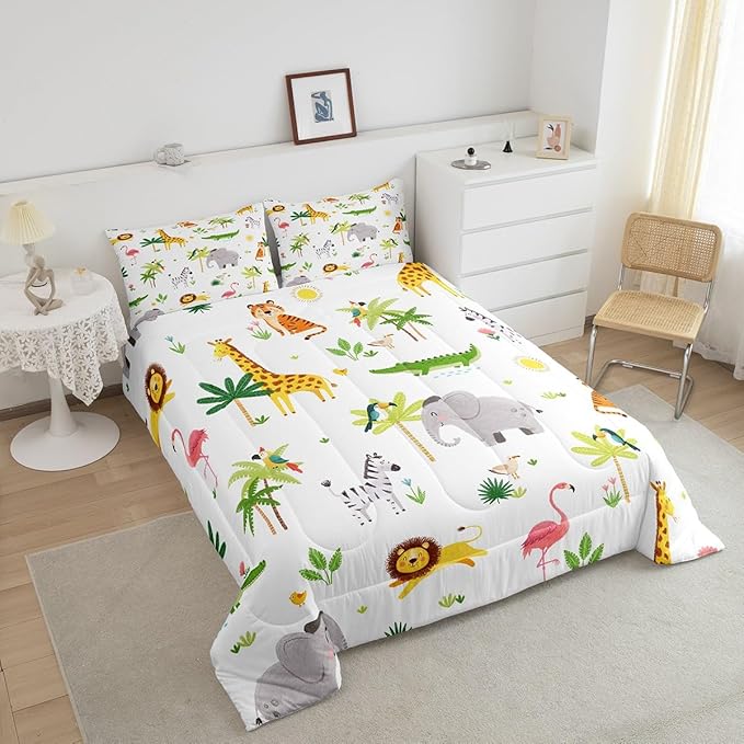 Feelyou Kids Safari Animal Bedding Set Twin, Nursery Baby Boy Cartoon Lion Jungle Comforter Set Woodland Forest Wildlife Comforter for Kids Boys Girls Kawaii Flamingo Duvet Set 2Pcs