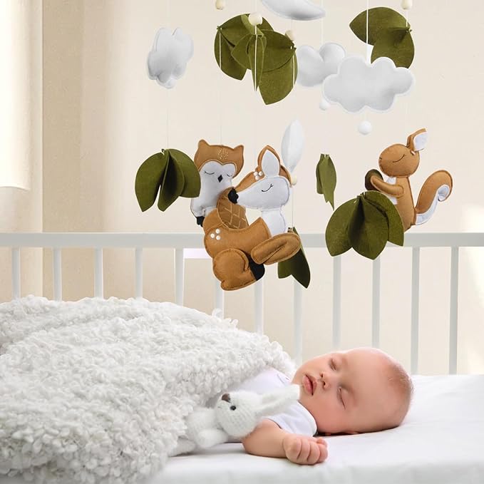 FEISIKE Baby Crib Mobile Arm with Music Box Spin Motor 3In1 Set-Squirrel Baby Mobile for Cirb, 57.4 Inch Mobile Arm for Crib Wooden Nursery Decor Hanger Holder