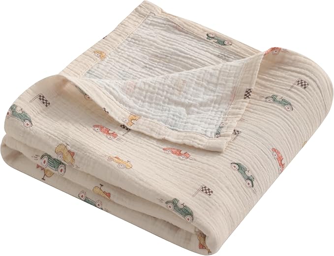 NTBAY 2 Layer Muslin Cotton Baby Swaddle Blanket, 42x60 Soft and Breathable Receiving for Newborns and Infants, Perfect for Crib, Stroller, Travel, Lightweight Nursery Blanket, Retro Race Car