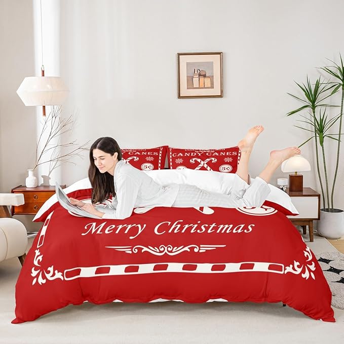 jejeloiu Christmas Bedding Set for Kids Boys Girls Christmas Quote Comforter Cover Set King Size Candy Canes Print Duvet Cover Bedroom Decor Xmas Red Bedspread Cover Bedding Collection 3Pcs