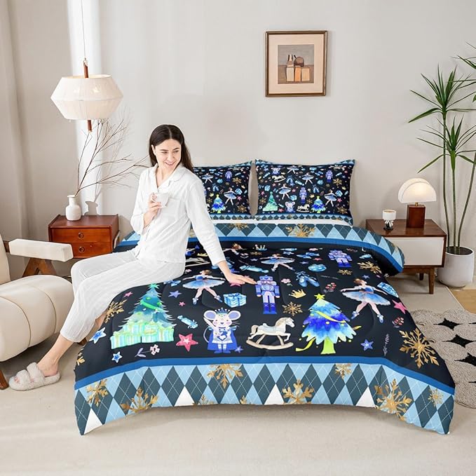 Feelyou Merry Christmas Kids Comforter Set Queen Size Ballet Nutcracker Bedding Set Snowflake Duvet Quilt for Kids Boys Girls Bedroom Decor Microfiber Ultra Soft Breathable