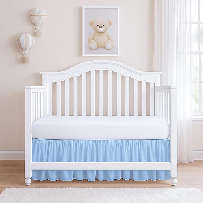 Rajlinen Ruffled Crib Bed Skirt, Microfiber, Dust Ruffle with Split Corners, 14" Drop, Nursery Toddler Bedding for Baby Boys or Girls, Light Blue
