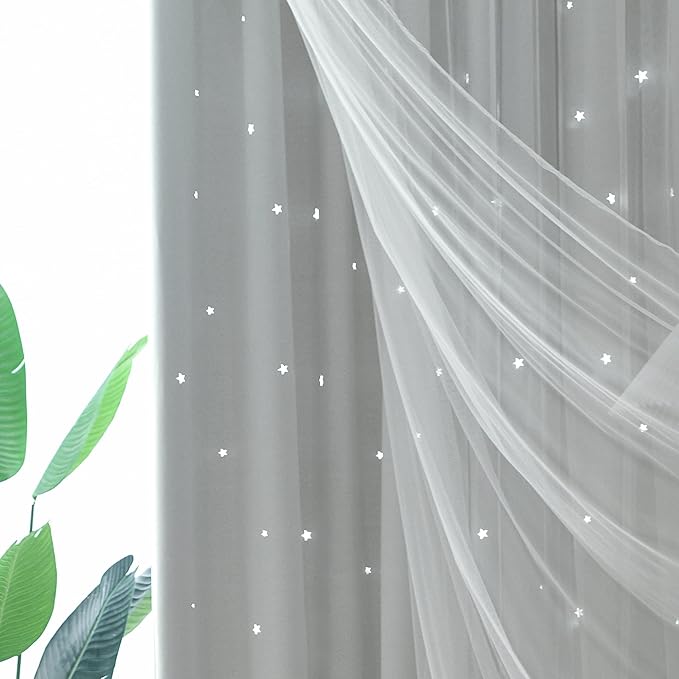 Kinryb Kids Star Cutout Blackout Curtains for Bedroom/Living Room,2 Free Tiebacks Sheer Overlay 72 Inches 2 Panel Set, Double Layer Curtains for Kids Room(W52 x L72 Inches,Greyish White 2 Pcs)