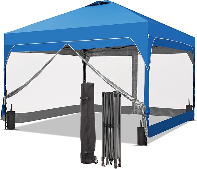GDY 12x12FT Pop Up Canopy Tent with One Push Setup, Easy Setup Gazebo with 4 PVC Transparent Sidewalls for Events, Parties, Camping, Blue.