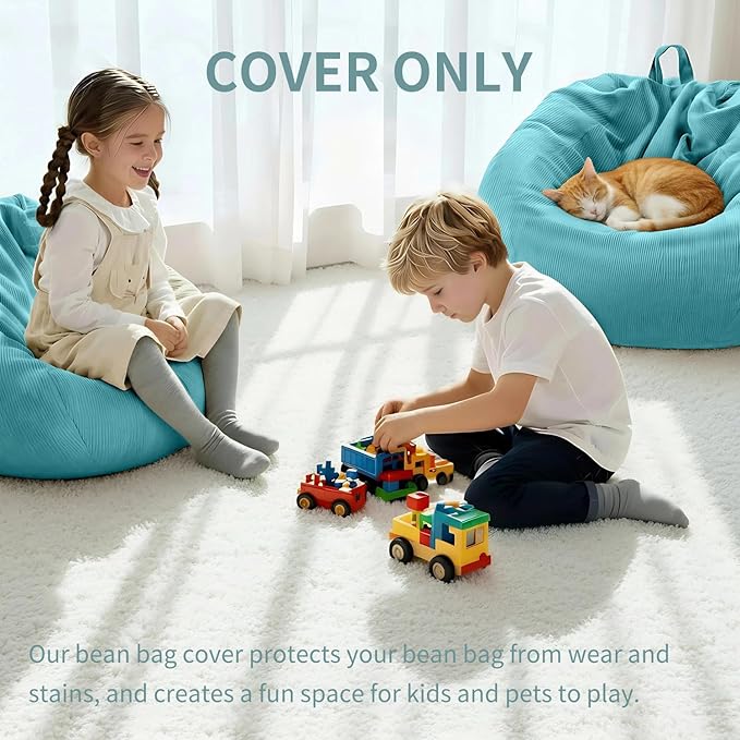 Nobildonna 3 ft Bean Bag Chair Cover (No Filler) 35"×43" Large Stuffed Animal Storage Bean Bag Washable Big Beanbag Chair Cover Premium Corduroy Stuffable Bean Bag Cover for Adults,Kids,Turquoise 300L