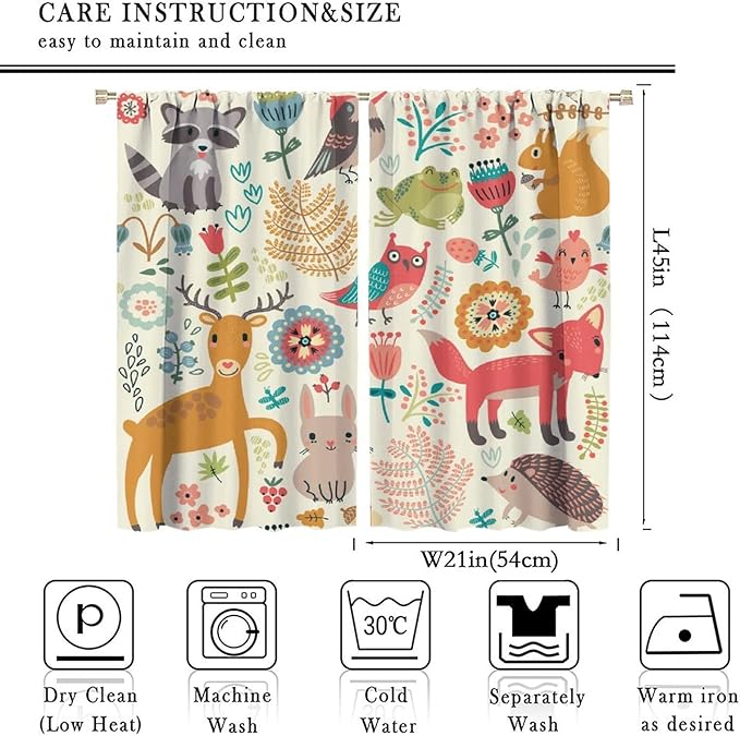 Kids Baby Woodland Curtains,Forest Animals Plants Cartoon Funny Colorful Deer Fox Owl Pattern Thermal Insulation Blackout Window Drapes for Boys Girls Children's Bedroom 42x45 Inch