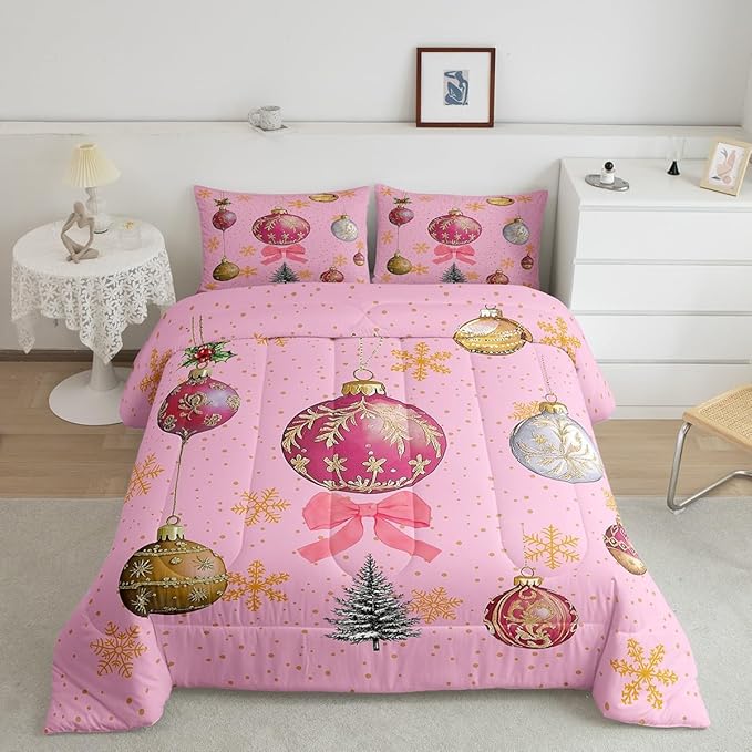 Erosebridal Merry Christmas Twin Bedding Sets Xmas Tree Comforter Sets Kids Snowflake Happy New Year Down Comforter for Boys Girls Pink Bownot Decor Bed Set