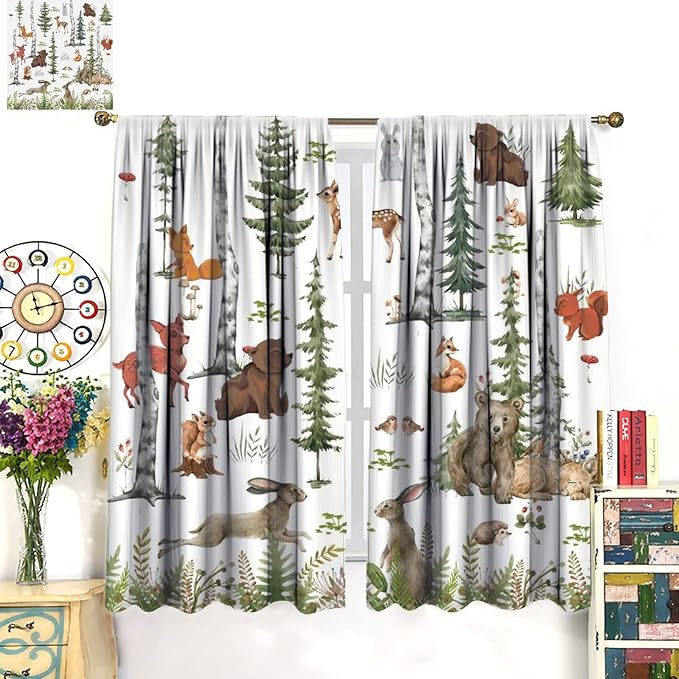 Animal Kids Curtains, Woodland Squirrel Rabbit Bear Animal Friends Forest Curtains for Boys and Girls Bedroom Living Room Kitchen 42x63in
