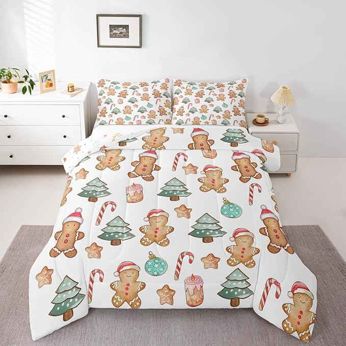 Feelyou Pink Gingerbread Comforter Set Twin Size Christmas Bedding Set for Kids Boys Girls Candy Cane Duvet Quilt Xmas Bedroom Decor Microfiber 2 Pcs with 1 Pillow Cases