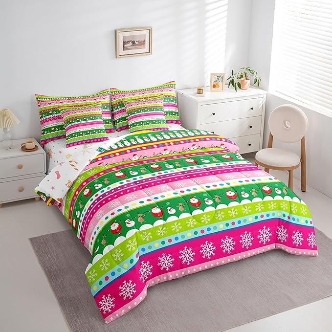 Feelyou Christmas Bed Set Snowman Christmas Reindeer Print Comforter Set with Sheets Xmas Santa Claus Bed in a Bag for Kids Girls New Year Theme Bedding Set Bedding King Size