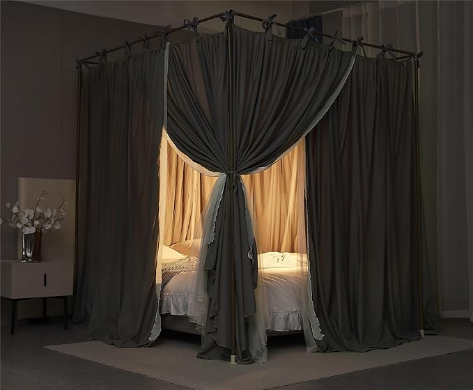 4 Corners Post Princess Curtain Bed Canopy Double Layer Cozy Mosquito Net Mesh and Cloth for Girls Adults Bedroom Decoration (Double-Grey/White, 59" W*82" L*82"*H/(Queen))
