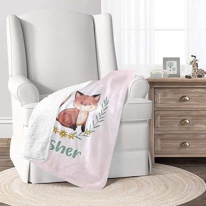 Cute Fox Pink Personalized Receiving Sherpa Fleece Baby Blankets for Girls Boys Kids, Swaddle Blankets Gift for Newborn Crib Infants 30x40 Inches