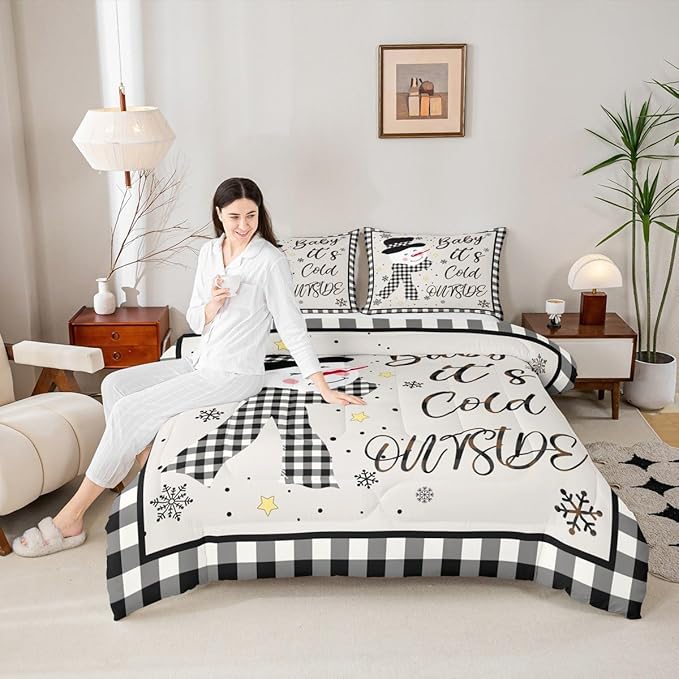 Kids Christmas Snowman Comforter Set King Size,Snowflake Winter Bedding,Girls Boys Adults Bedroom/Xmas Cabin Decor,Geometric Grids Lattice Down Comforter,Rustic Vintage Duvet Insert,2 Pillowcases