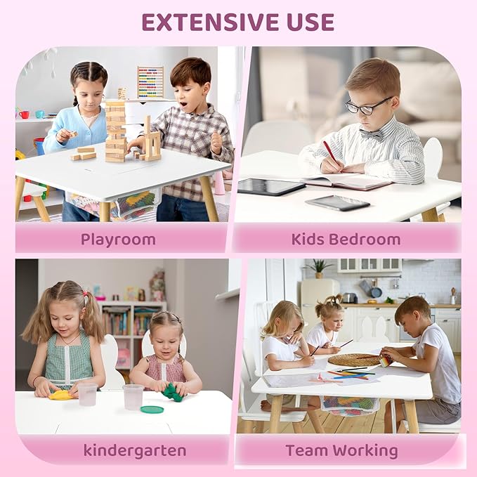 JOYMOR Kids Table and 2 Chairs Set, 3 in 1 Design for Toddler Activity, with Removable Tabletop, Storage Space and White Bunny Ear Chairs, Ideal for Craft and Playroom, Fit for Kids 2 to 5 Years Old