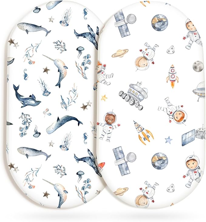 GRSSDER Stretchy Ultra Soft Fitted Bassinet Sheet Set 2 Pack, Universal Fit for Bassinets Baby Cradle Moses Basket Oval Rectangle Mattress Safe and Snug, Sea Fish & Space Stylish Print