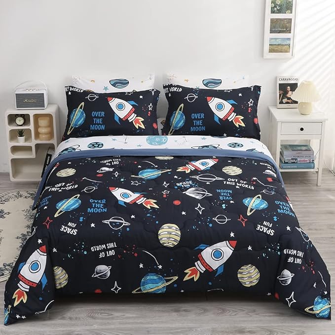Wajade Kids Space Comforter Set Bed in A Bag Twin Size 7 Piece 3D Space Rocket Planets Bedding Set for Teens Boys Girls (1 Comforter, 1 Flat Sheet, 1 Fitted Sheet, 2 Pillowcase and 2 Pillow Sham)