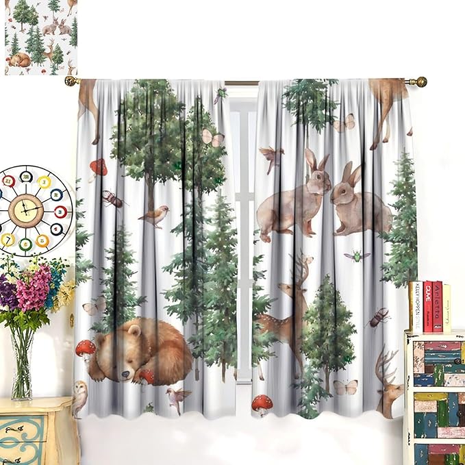 YCness Forest Animal Curtains, Wild Animals Watercolor Woodland Bear Rabbit Cartoon Window Treatments for Kids Bedroom Living Room Kitchen Living Room Drapes, 42x63 Inch