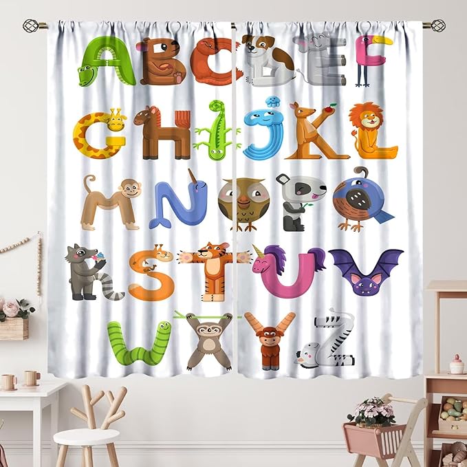 Kids Alphabet Curtains Cartoon Animal Baby Children Funny Learning Educational Curtain with Rod Pocket for Bedroom Nursery Decor Drapes Window Treatments 2 Panels Set 55x63in