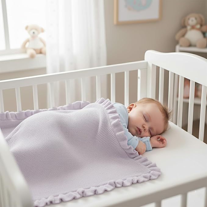 Cotton Baby Blanket with Ruffle Edge Soft Breathable Newborn Blanket for Boys & Girls, Lightweight Knit Throw for Crib, Stroller & Nursery Multiple Colors Available Lilac 30x30