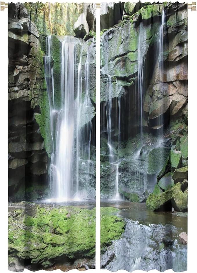 Forest Waterfall Blackout Windows Curtains, Rocky Waterfall to Pond Running Off Scenic Nature Themed Picture Print Curtains, for Living Room Bedroom 52x84in 2 Panels